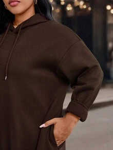 EMERY ROSE Damen Große Größen Einfarbiges Thermofutter Lässiges Kapuzen-Sweatshirt-Kleid, Herbst/Winter - Kaffeebraun - Übersicht 5
