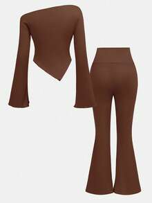 Girlism 少女休闲棕色褶皱长袖修身针织上衣和喇叭裤两件套，居家户外旅行装机场装 - 棕色 - 查看 2