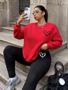 Muchica 2pcs Plus Size Loose Fit Crew Neck Drop Shoulder Long Sleeve Heart Pattern Casual Pullover Sweatshirt Set Valentine's Day - Red - View 6