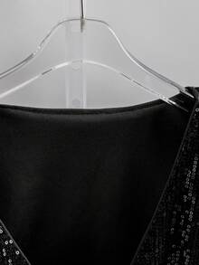 SHEIN LUNE Vestă versatilă la modă cu paiete pentru femei, cu un singur nasture, cu paiete, vestă neagră cu stras, vestă neagră pentru femei, top negru cu paiete, top negru strălucitor, jachetă neagră, top cu paiete, iarnă pentru femei, Ziua Îndrăgostiților, Ziua Îndrăgostiților pentru femei, primăvară, vacanțe de primăvară, primăvară - Negru - Vizualizare 5