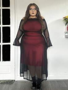 Hourglow 大码优雅通勤职场知性高端场所精致下午茶，略带性感，适合约会、音乐会和派对，INS时尚复古学院风优雅性感派对、聚会、约会之夜红色露肩网眼覆盖长袖半透明性感美人鱼连衣裙；节日；新年；派对；优雅办公室仙女裙；新年派对礼服 - 彩色 - 查看 3