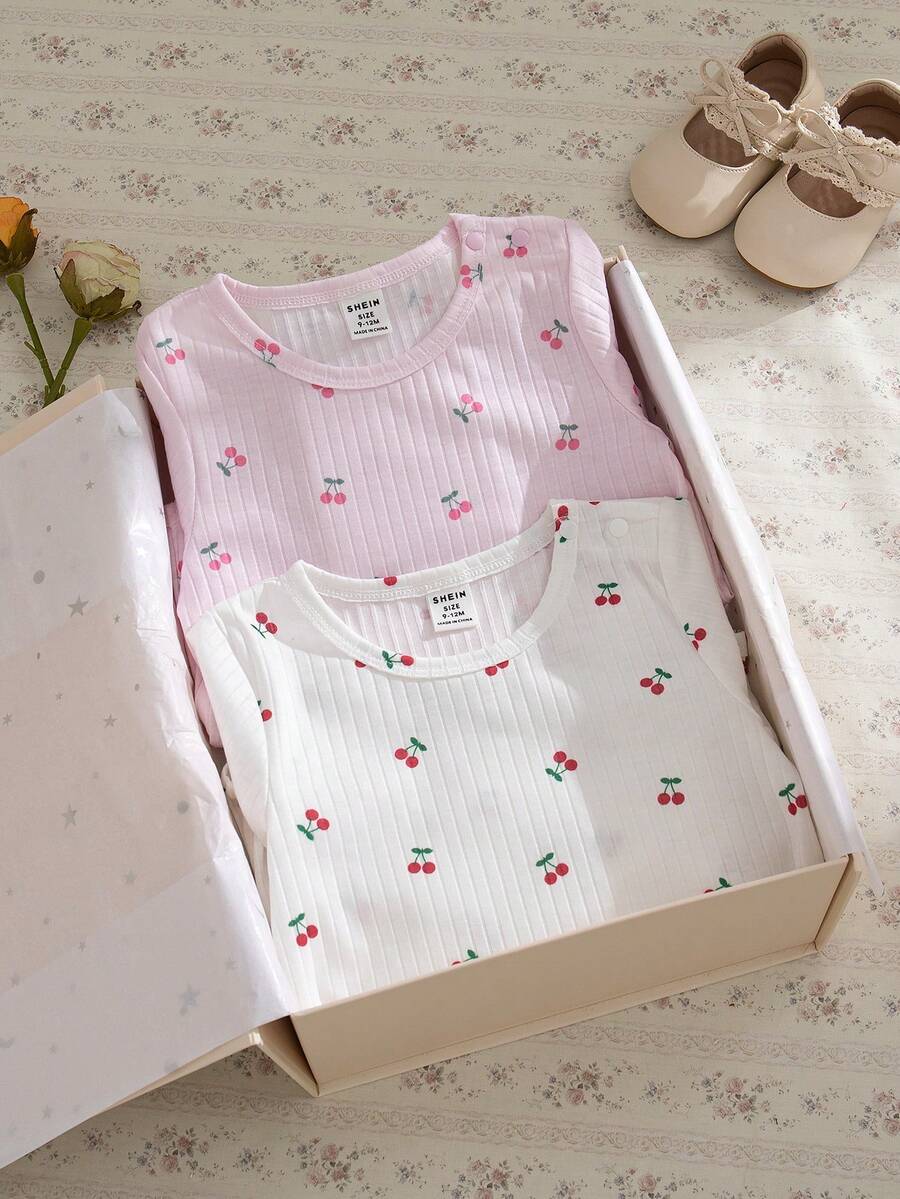 Souflis Souflis 2pcs/Set Vintage French Style Cherry Print Long Sleeve Bodysuit For Baby Girls, Suitable For Home, Outdoor And Multiple Occasions, Autumn/Winter - Multicolor - View 1