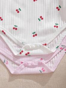 Souflis Souflis 2pcs/Set Vintage French Style Cherry Print Long Sleeve Bodysuit For Baby Girls, Suitable For Home, Outdoor And Multiple Occasions, Autumn/Winter - Multicolor - View 9