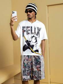 Felix The Cat X SHEIN 1 Set Men's Casual Fashion Street Cartoon Tree & Letter Print Loose Drop Shoulder T-Shirt And Drawstring Waist Contrast Striped Side Shorts Set, Summer - White - View 6