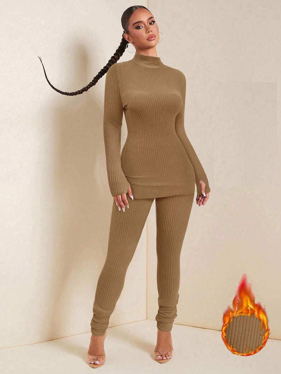 SHEIN SXY 秋季女装；两件套女士纯色立领长袖上衣和裤子保暖抓绒套装；套装；女士运动服；卡其色套装 - 卡其色 - 查看 1