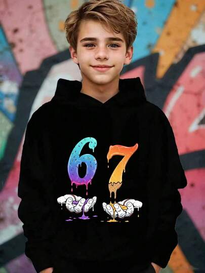 Tween Boy Casual "67" Numeric SIX SEVEN Mönster Långärmad Sweatshirt, Street Style, Med 67 Tryck, Bekväm Casual, Lämplig För Utflykter Och Sport, Svart