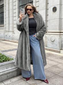 SHEIN EZwear 大码女式黑色仿皮草外套，秋冬季 - 黑色 - 查看 3