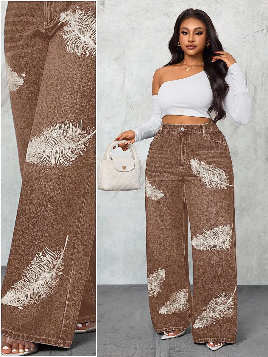 Slaydiva Quần jean denim dáng rộng, in họa tiết lông vũ, kiểu dáng thường ngày, đã qua xử lý. - Cà phê nâu - Xem 1