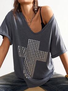 Bohemela 夏季波西米亚风度假Y2K休闲纯色针织V领短袖宽松女式T恤 - 灰色 - 查看 6