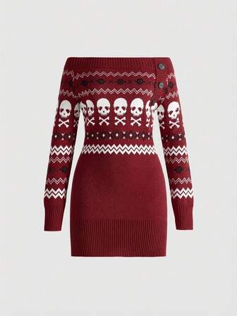 Grunge Punk Vestido de punto con gráfico de esqueleto sexy de hombros descubiertos estilo vintage Y2K para mujeres