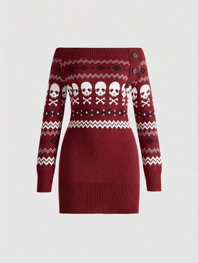 Grunge Punk Robe en tricot vintage sexy avec motif squelette épaules dénudées pour femmes