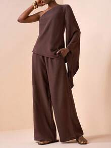 Zivah 2026 Spring/Summer New Valentine's Day Party Wedding Evening Date Casual Wear Student Daily Wear Basic Versatile Casual Vacation Cruise Travel Beach Sunbathing Viral Hit Elegant Commute Business Casual One-Shoulder Asymmetric Hem Bell Sleeve Top + Wide Leg Pants With Real Pockets, Spring/Summer 2-Piece Set, Deep Brown Bamboo Texture Set, Casual Set, Elegant Set, Women's 2-Piece Outfit - Mocha Brown - View 1