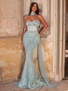 Glamrae 优雅奢华的绿色3D立体花朵串珠弹力针织美人鱼裙，性感无肩带设计，适合婚礼、派对、度假、盛大晚宴等场合（装饰繁复） - 草綠色 - 查看 7