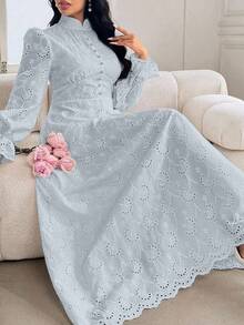 Modelyn Vestido de mujer talla grande con cuello Mao estilo francés, manga abullonada y bordado - Azul - Ver 1