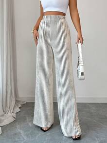 SHEIN Elenzya Women's Striped Print Pocket Elastic Waist Casual Pants, Spring/Summer - Apricot - View 3