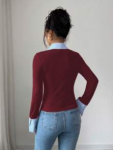 SHEIN Unity 女款優雅拼接條紋收腰長袖上衣 - 酒紅色 - 查看 2