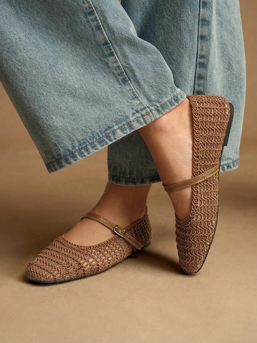 Rosivie Giày bệt dệt kim nữ, kiểu dáng thường ngày, đa năng, phù hợp đi làm. - màu nâu - Xem 1