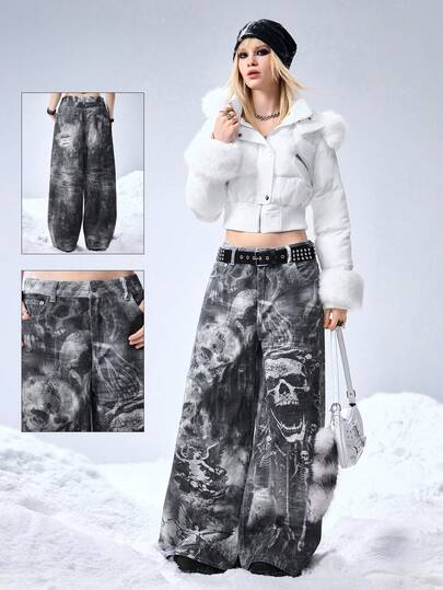 Grunge Punk جينز بقصة مستقيمة مطبوع عليه هيكل عظمي داكن للنساء