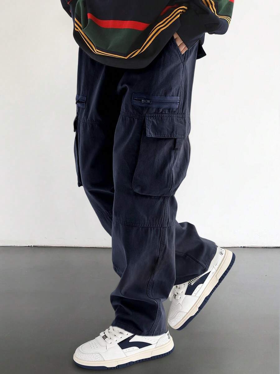 Manfinity Roghcode Loose Fit Men's Flap Pocket Side Cargo Pants Men Clothes Cargo Cargos For Men Men Oversized Pants - Navy Blue - View 1