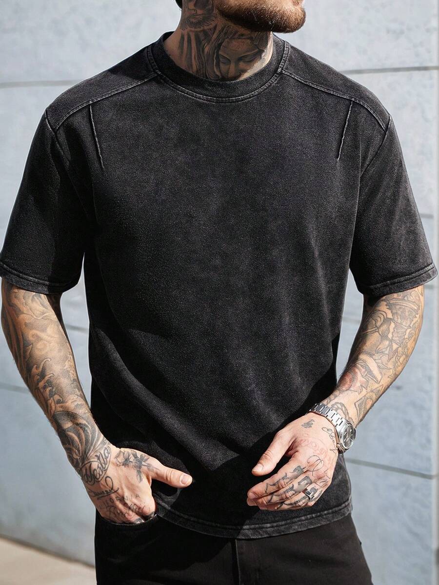 Manfinity CasualCool Men's Solid Color Round Neck Casual Short Sleeve T-Shirt Men Cotton Tshirts Washed T Shirt Men Men T Shirt Mens Athletic Shirt Cut Off Sleeve T Shirt Men Old Money,Daily Leisure, Weekend Trips, Outdoor Activities, Travel Expeditions, Relaxed Work Environments Or Semi-Formal Occasions, Boyfriend/Husband Gift, Anniversary /Birthday Gift Party Christmas New Years Streetwear - Black - View 1