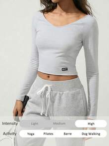 Menodora SHEIN Sport تي شيرت كاجوال بأكمام طويلة وياقة دائرية ضيق للنساء بلون أحادي - رمادي فاتح - مشاهدة 4