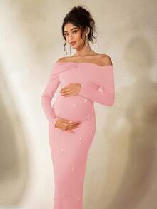 Cheriluna Maternity 孕妇写真礼服，长袖露肩修身连衣裙，饰有多层网纱、蝴蝶结和人造珍珠。 - 粉色 - 查看 4