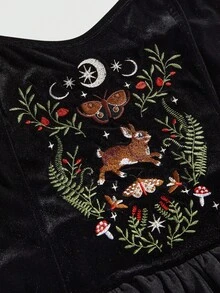 ROMWE Spring /Summer Gothic Rabbit, Plant, Butterfly, Thorn Jungle, Star & Moon Pattern Embroidered A-Line Multi-Layer Mesh Dress, Cropped Length Vintage Palace Style Embroidered Plus Size Dress - Black - View 4