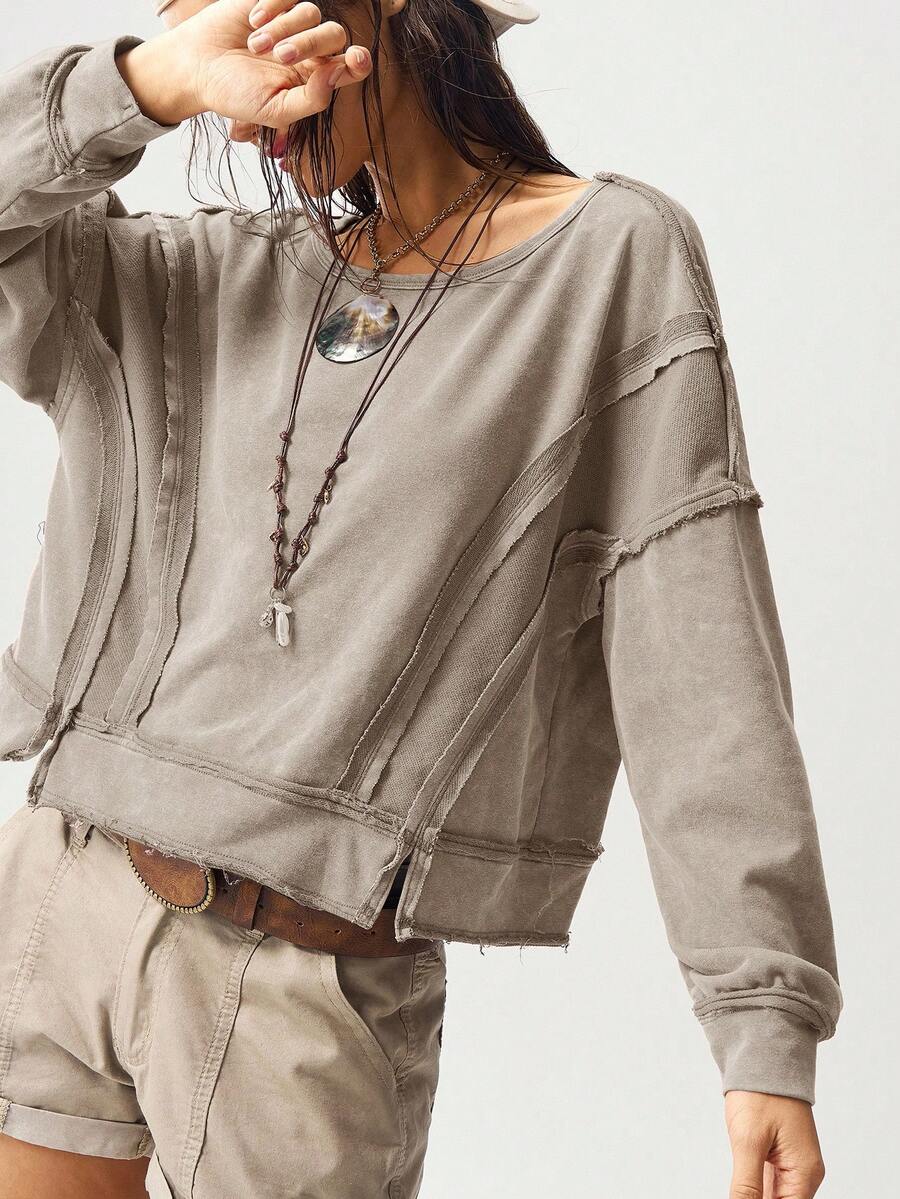 Bohemela Sweatshirt Wanita Lengan Panjang Berkerudung Longgar Model Crop Warna Polos Gaya BOHO Kasual untuk Musim Gugur/Dingin - Aprikot - View 1