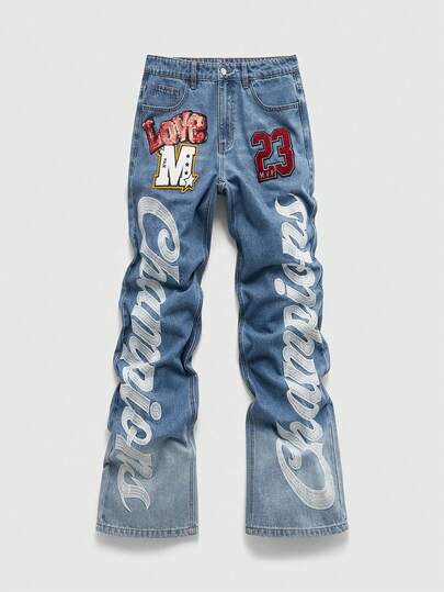 Jeans décontractés en denim avec poche plissée et patch brodé pour hommes