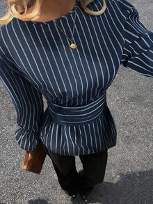 Siren Gaze Autumn/Winter New Casual Commuter Striped Waist Shirt Stripe Shirt Spring - Navy Blue - View 4