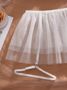 SHEIN 5pcs/Set White Lace Hollow Cap Sleeve Bralette Halter Collar + Mesh Tulle Puff Skirt + White Lace Thong Panty + Garter Belt + Leg Garter, Sexy Girly Style - White - View 3