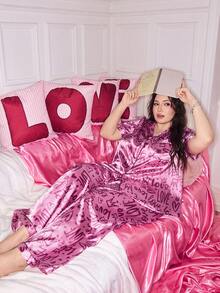 SweetSlumber Bộ đồ cỡ lớn gồm áo và quần ngắn tay in hình tiếng Anh ngộ nghĩnh, chất liệu giả lụa, cài cúc. - Hồng - Xem 6