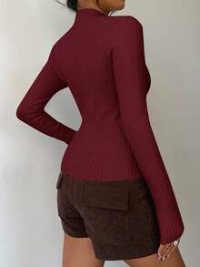 Aloruh 女士休闲罗纹高领拉链长袖开衫毛衣，黄色，适合日常穿着和运动，秋冬季 - 酒紅色 - 查看 2