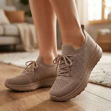 Mujer Zapatillas Deportivas De Tejido De Punto Transpirable Con Cordones Suela Gruesa Caqui - Caqui - Ver 11