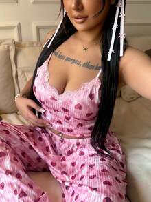 ZzzCrew Plus Size Pink Lace Patchwork Heart Print Tie-Dye Effect Milk Silk Ribbed Camisole & Pants Sleepwear Set, Sexy & Sweet For Daily Wear
