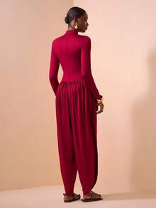 Zivah Elegant Burgundy Autumn Dining Jumpsuit,Slim Fit Stand Collar Front Cutout Long Sleeve Waist Cinching Lantern Pants,Western Bohemian Party Wedding - Burgundy - View 2