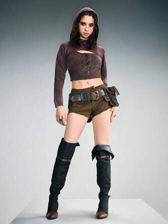 Grunge Punk Camiseta de punto lavada vintage y cárdigan con capucha y chal de punto