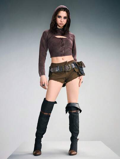 Grunge Punk Débardeur en tricot lavé vintage et cardigan châle tricoté à capuche