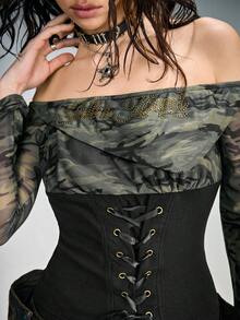 ROMWE Street Life Y2K Camouflage Patchwork Off Shoulder Criss-Cross Strap Top - Multicolor - View 2