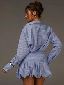 Athîral 女士休闲套装、女士秋季穿搭、棕色泡泡裙和衬衫、棕色条纹衬衫和裙子套装、春假穿搭、女士夏季穿搭、女士套装、春季服装 - 藍色 - 查看 2