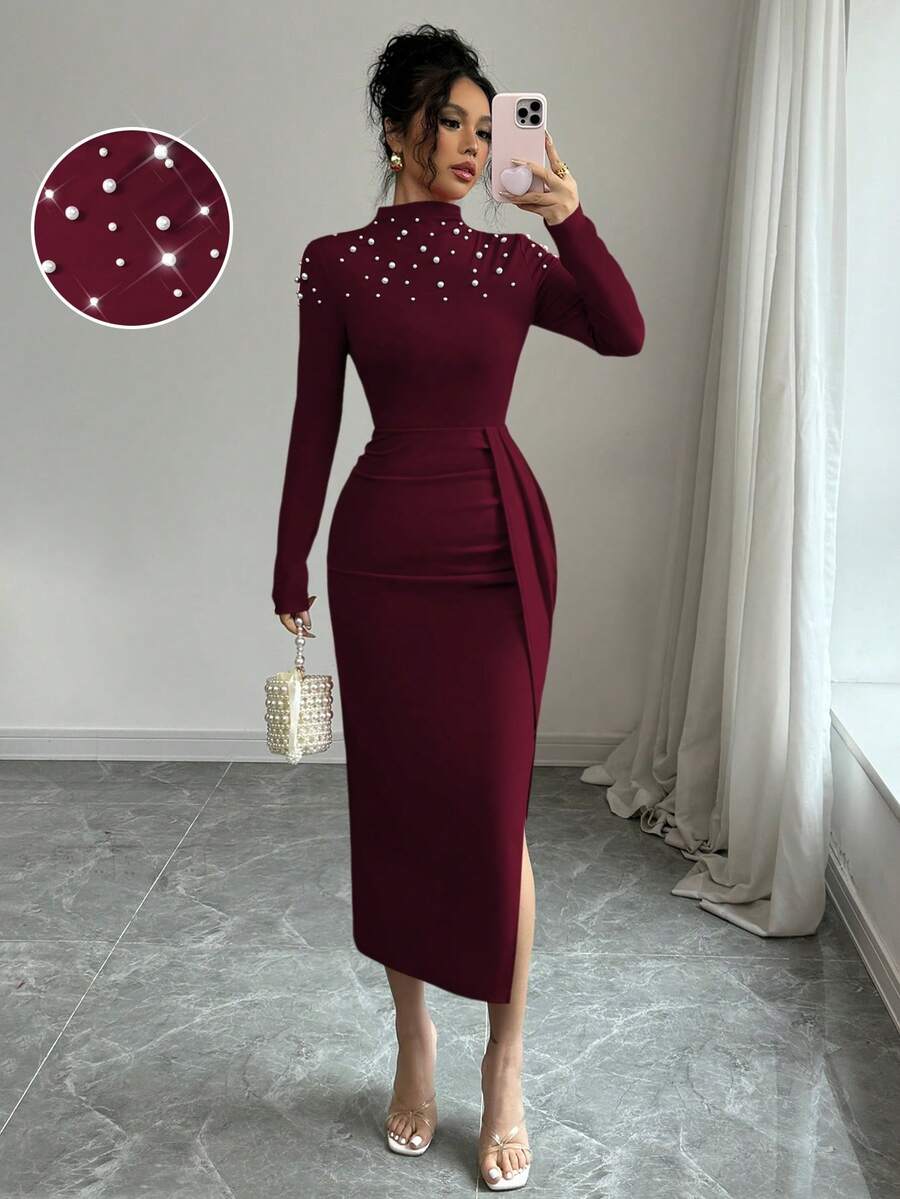 Elenzga Vestido plisado con abertura hecho a mano con cuentas para mujeres - Burdeos - Ver 1