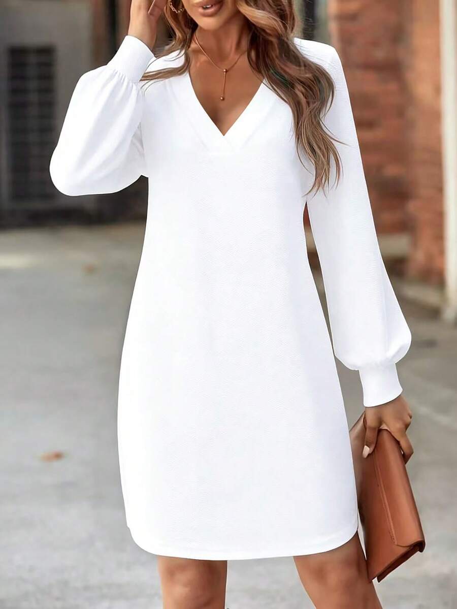 SHEIN New Style Black V-Neck Lantern Sleeve Casual Dress, Autumn - White - View 1