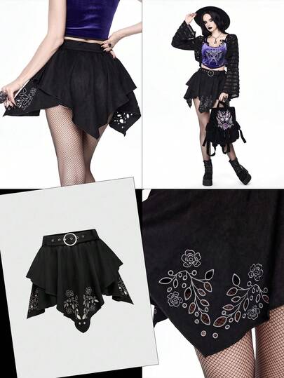 Goth تنورة نسائية بنمط زخرفي من التطريز المحروق على القماش المخمل الأسود ذات خط أسفل منحني غير متماثل