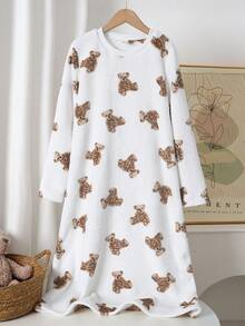 Tween Girls Pajamas-Warm Holiday Sleepwear Long Sleeve Round Neck Long Nightgown With Teddy Wear Print Plush Lined Cozy Winter Pajama Dress Loungewear Soft Cuddly Sleep Dress For 2026 New Year Family Matching Festive - Multicolor - View 1