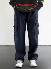 Manfinity Roghcode Loose Fit Men's Flap Pocket Side Cargo Pants Men Clothes Cargo Cargos For Men Men Oversized Pants - Navy Blue - View 3