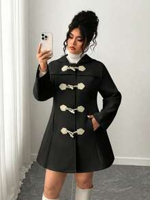 Elenzga 加大码休闲修身杏色翻领连帽羊毛混纺外套 - 黑色 - 查看 4