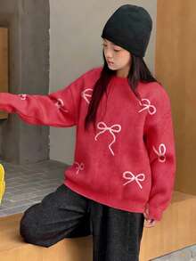 Dazy Kids 少女宽松圆领蝴蝶结印花长袖毛衣，秋季款 - 紅色 - 查看 5