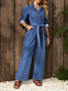 EMERY ROSE Women's Cuffed Long Sleeve Pocket Casual Wide Leg Denim Jumpsuit - Medium Wash - View 5