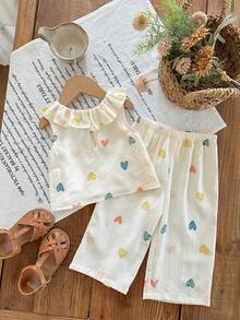 This 2 Pieces Cute Baby Girl Woven Floral Ruffle Top And Loose-Fitting Trousers Set Is Suitable For Birthday Parties, Evening Parties, Performances, Weddings, Baptisms, School Ceremonies, School Trips, And Spring/Summer.