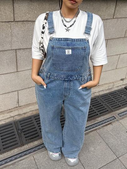 Muchica Plus Size Women's Letter Embroidered Pocket Casual Denim Overalls